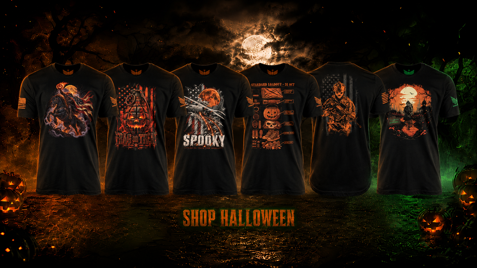 Patriotic Halloween shirts and military-inspired Halloween apparel from Ardent Patriot Apparel Co. Six black graphic t-shirts with Halloween designs are lined up against a spooky night scene with a full moon, trees, and jack-o'-lanterns. The shirts feature various designs including a skull, an American flag with a pumpkin, a cross with 'Spooky' text, flags with pumpkins, a skeleton, and a haunted house under a full moon.
