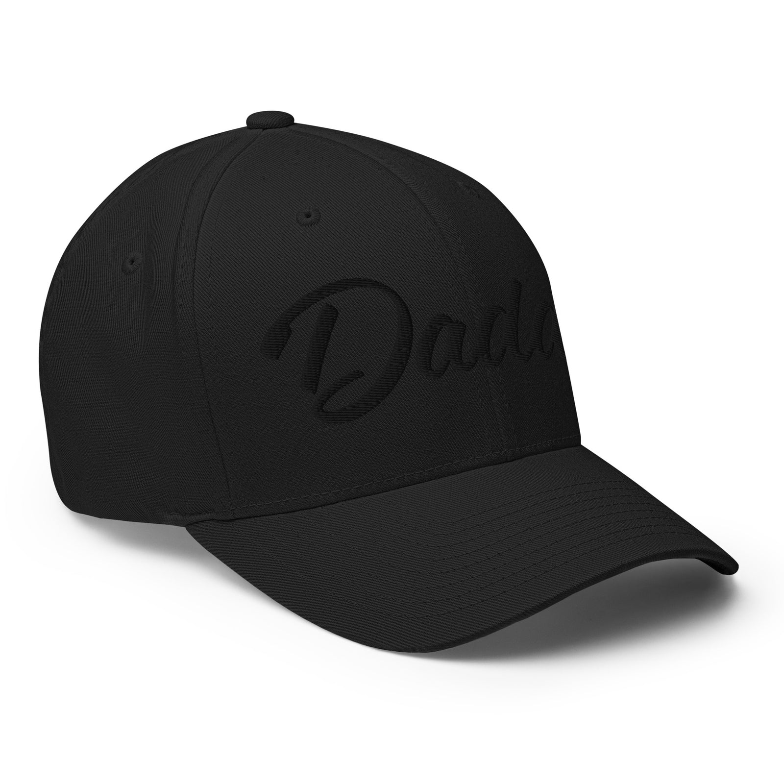 Black on black DADDY embroidered Flexfit hat, right front view