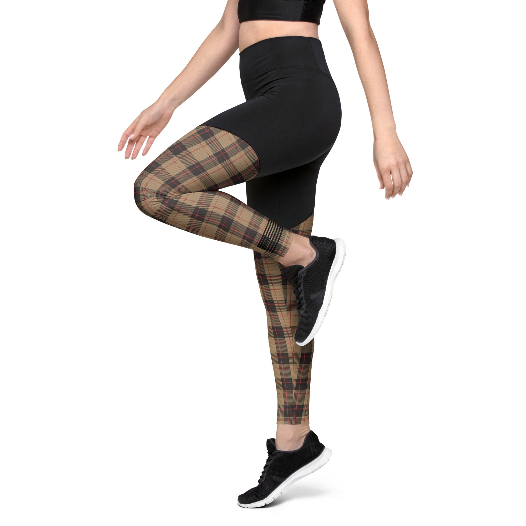 Brown Tartan Plaid Sports Leggings Leggings Ardent Patriot Apparel Co